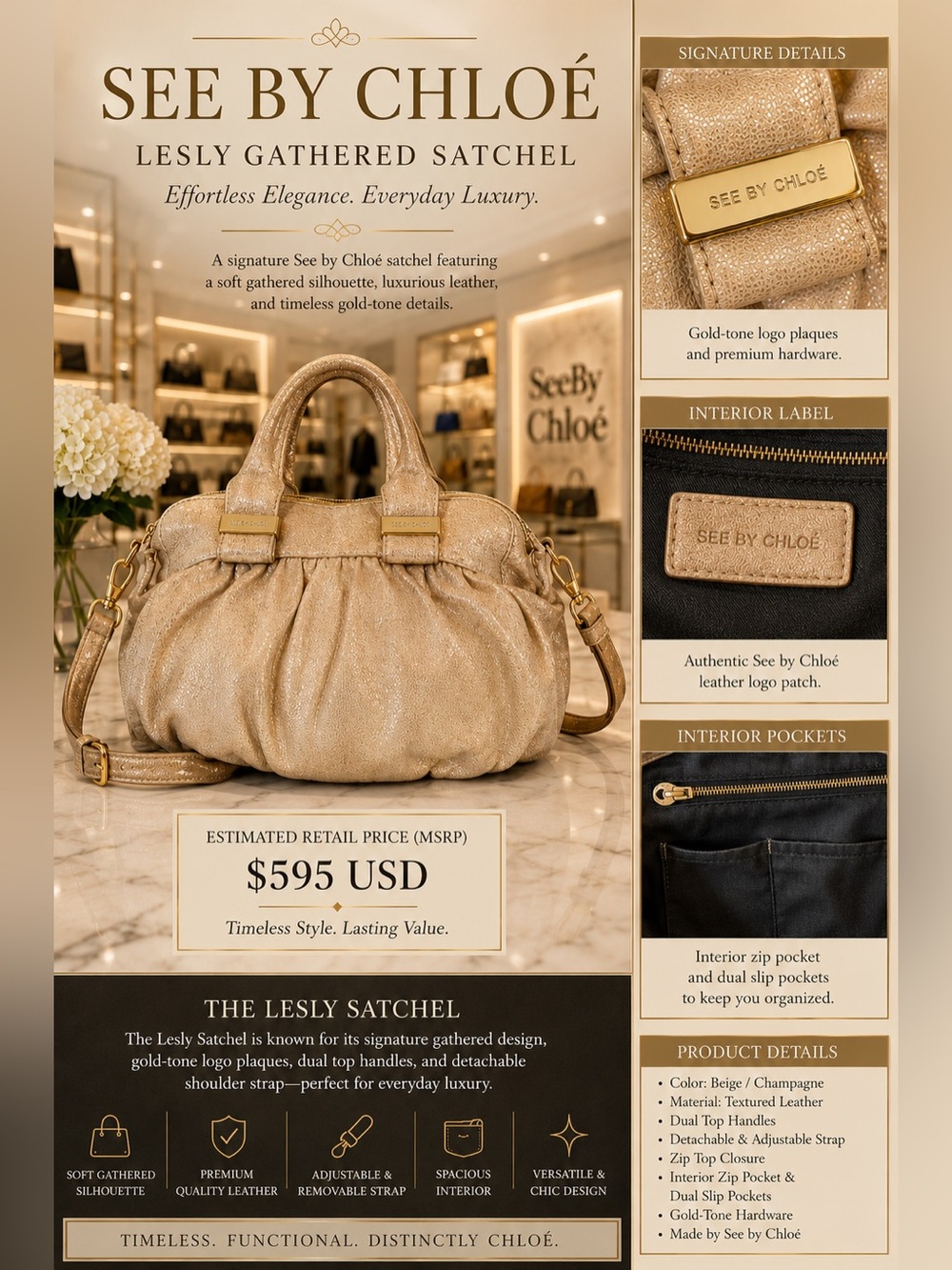 See by Chloé Lesly Gathered Satchel | Beige Champagne Leather